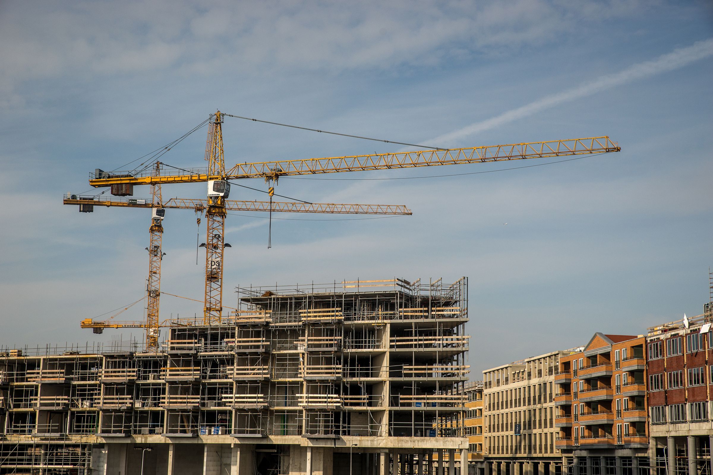 Dźwigi nad budowanym osiedlem mieszkaniowym o szkieletowej konstrukcji